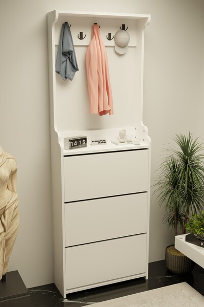 FurnatureDesign Modus Vestiyer Düşer Kapak Ayakkabılık 3 Raflı Beyaz