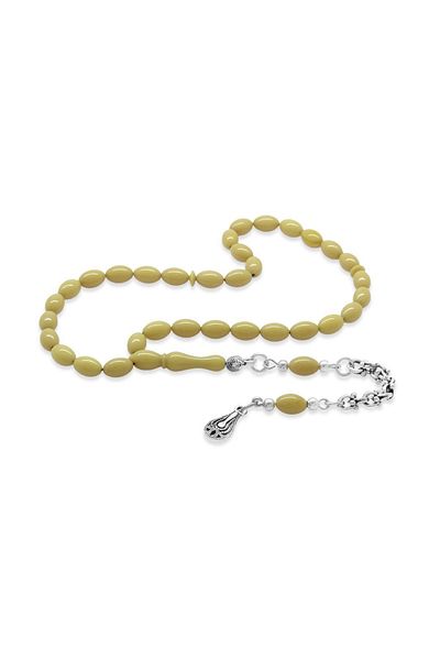 Tesbihane Non-Tarnish Metal Albanian Chain Tasseled Barley Cut Mustard Color Wrist Length Fire Amber Prayer Beads