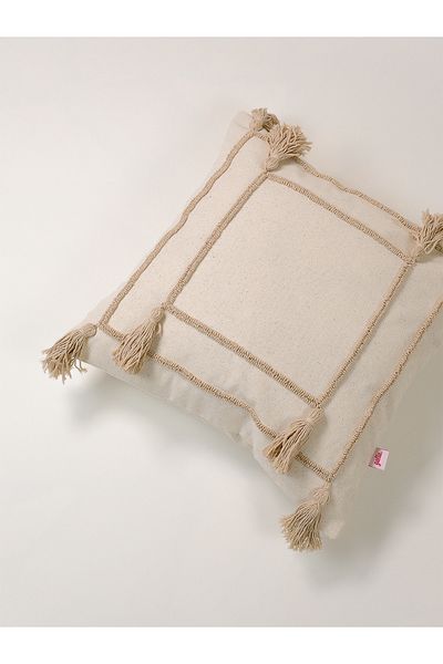 Galia Tasarım Bohemian Beige Tasseled Washed Linen Punch Throw Pillow Cover