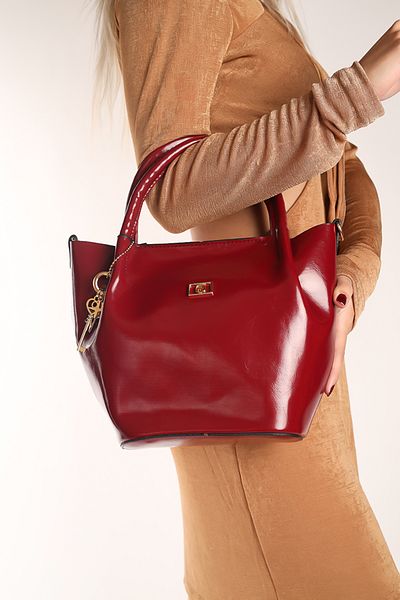Moda Lime Women's Shiny Patent Leather Claret Red Medium Size Stylish Bag with Accessory Detail