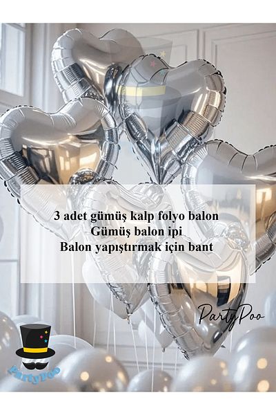 PartyPoo Silver Heart Foil Balloon Set 3 Pieces Birthday Bride to Be Balloons