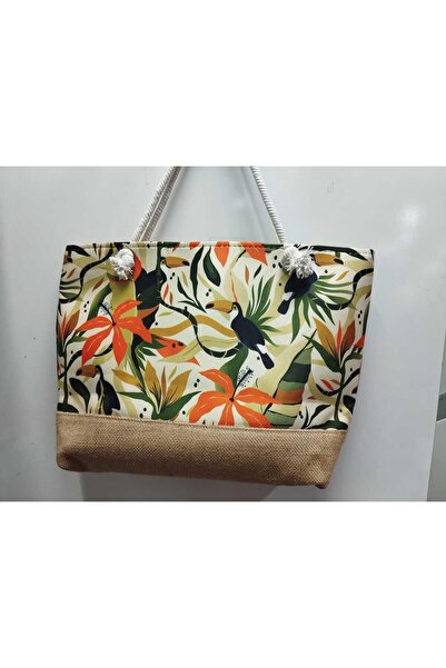 İtal Six Straw Model Pattern Zipper Beach Bag
