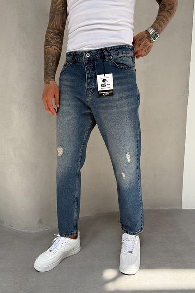 MADZEYMODA Μπλε Boyfriend τζιν ύφασμα με σκισίματα Λεπτομερή τζιν παντελόνι Ke-74