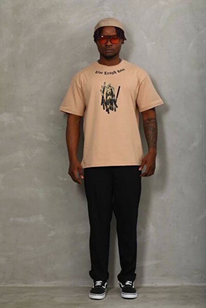 CVS Unisex Oversize Printed Crew Neck T-Shirt - Beige