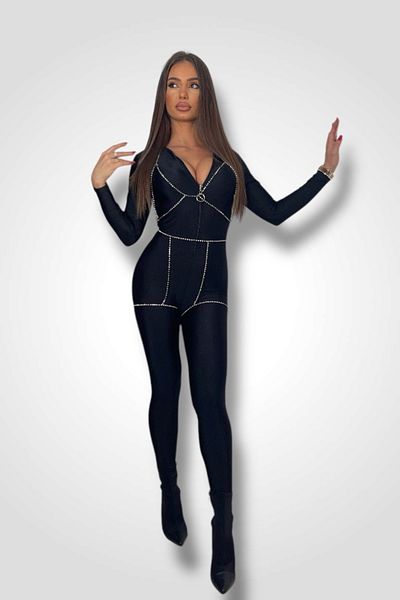 BOMBFIT Black Zip Up Jumpsuit, Shiny Look, Front Zipper, Long Sleeve, Lycra