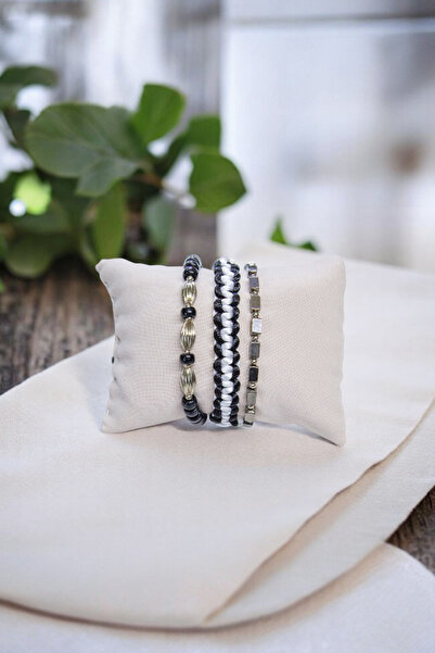 Serhat Aksesuar ve El İşçilik أسود فضي معدن أسود أبيض حبل مضفر مجموعة ثلاثية ...