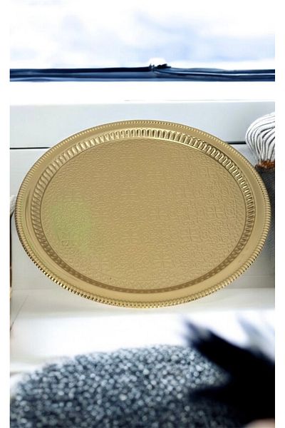 LeesHome صينية تقديم دائرية ذهبية مطرزة ومزخرفة، صينية خطوبة مقاس 35 × 35 سم