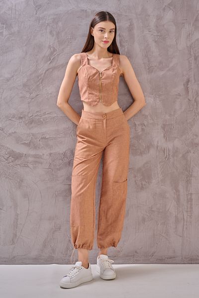 SHUGAA Women's Front Zippered Thick Strap Leg Elastic Design Linen Cropl Suit