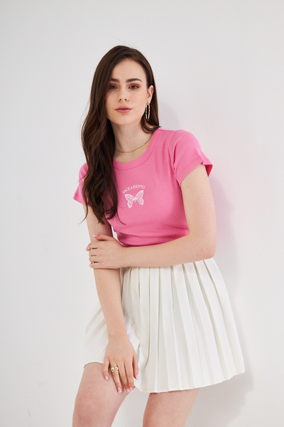 Keyteks Kelebek Baskı Desenli Kısa Kollu Organik Pamuklu Bisiklet Yaka Crop T-shirt