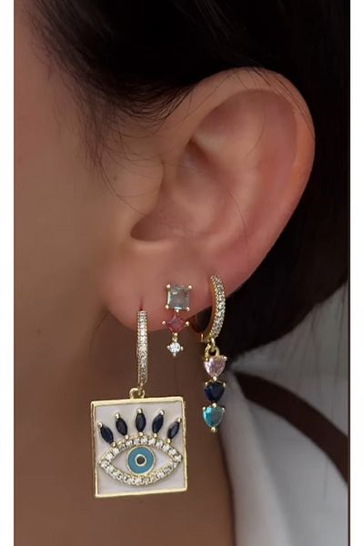 AychaAksesuar Steel Summer Vip Series Hanging Colored Stone Set of 3 Earrings