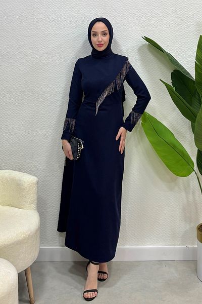 Abiye Diyarı Women's Crepe Fabric Chain Evening Dress-Navy Blue