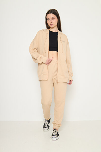 MODA Bej Fermuarlı Kapüşonlu Sweatshirt-Eşofman Kadın Eşofman Takımı