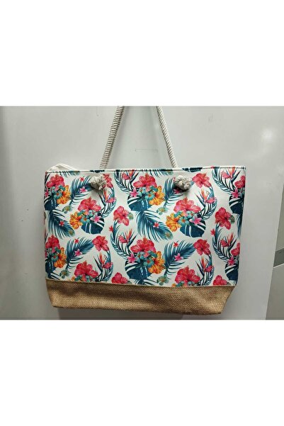 İtal Six Straw Model Pattern Zipper Beach Bag