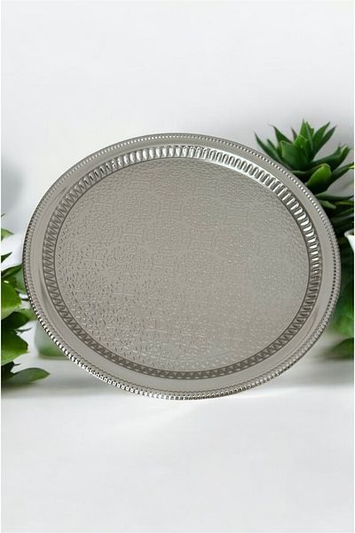 LeesHome Decorative Embroidered Patterned Silver Round Presentation Tray Promise Engagement Tray 35X35 cm