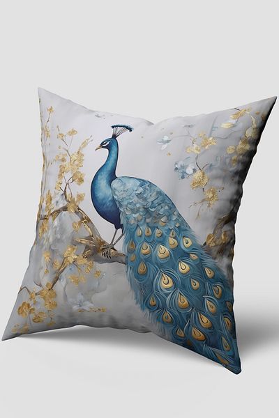 EsnafAli Blue Tropical Peacock Patterned 4-Piece Throw Pillow Cover and Runner Set Ea1013-Rnset4-1, 43 X 43