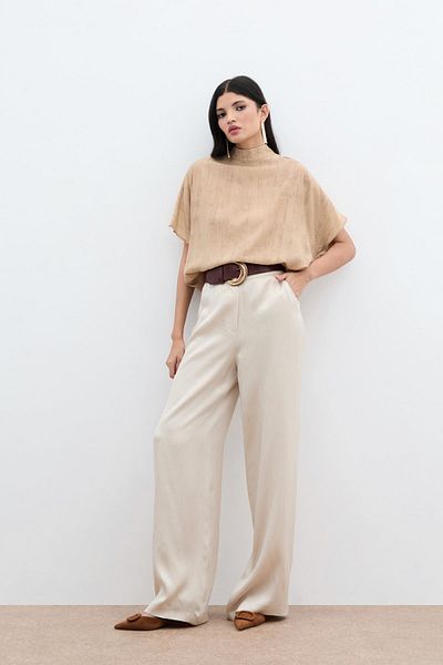 Sateen Patterned Loose Blouse - Camel