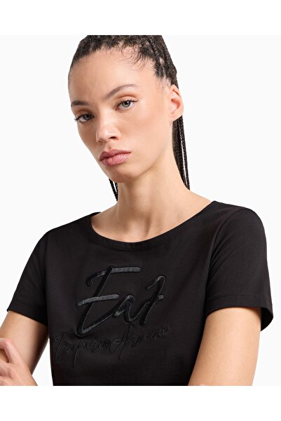 EA7 Γυναικείο λαιμόκοψη EA7 Λεπτομέρεια κειμένου Κοντό μανίκι στενό μαύρο μπλουζάκι 7W000184 AF10373-UC001