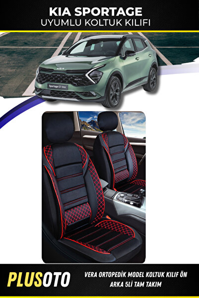 PlusOto مجموعة أغطية مقاعد السيارة المتوافقة مع سلسلة Vera من Kia Sportage باللون الأسود والأحمر مكونة من 5 قطع M-491