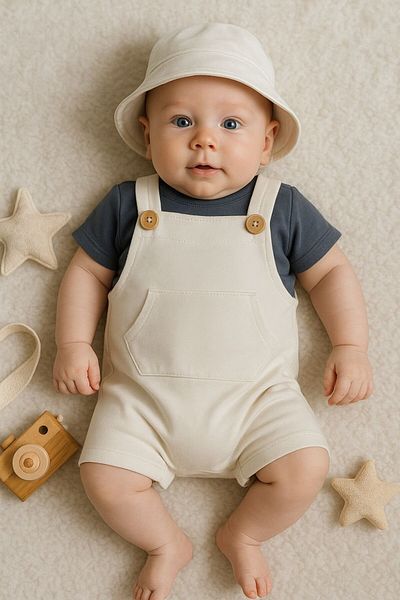 Minizade 3-Piece Set with Bucket Hat, 100% Cotton Fabric, T-Shirt and Slippers