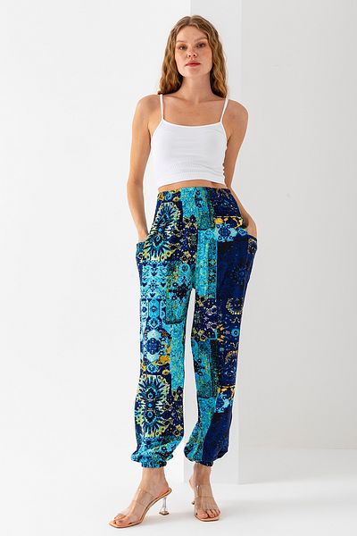 GİYSA Ethnic Patterned Blue Women's Yoga Pants - 100% Viscose, Double Pockets - 2460