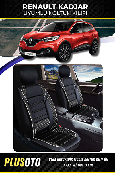 PlusOto مجموعة غطاء مقعد السيارة Renault Kadjar المتوافقة مع سلسلة Vera باللونين الأبيض والأسود مكونة من 5 قطع M-790