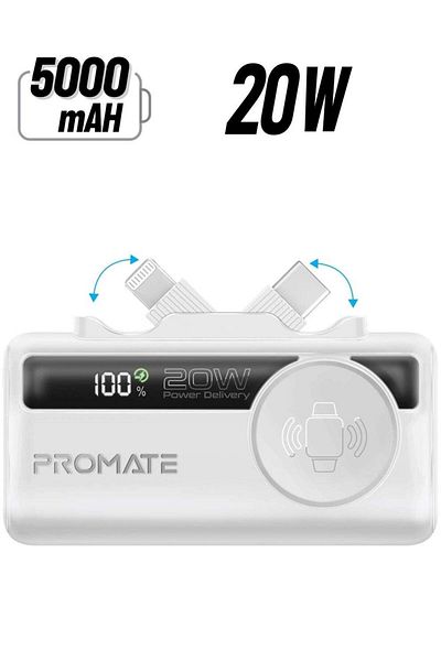Promate 5000mAh 3-in-1 Mini Power Bank with Foldable Connectors and Wireless Apple Watch Charger