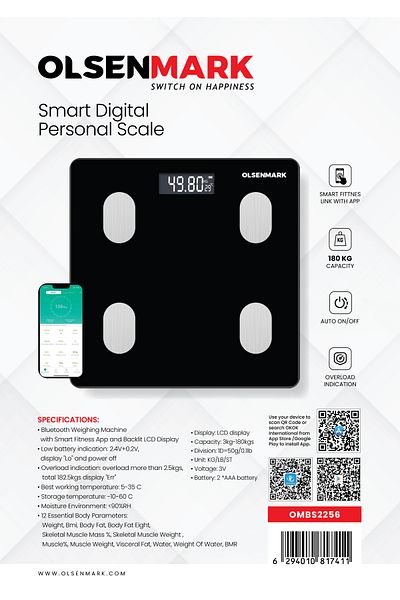 Olsenmark Ombs2256 Digital Personal Scale, 180kg Capacity ,link With Phone , Weighing Machine, Measurement