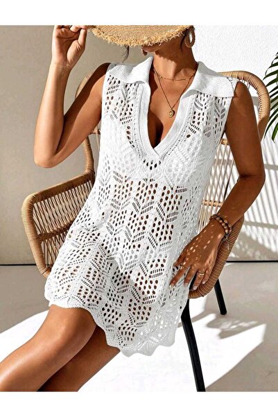 Bracha Rochie de plajă cu guler de cămașă cu mâneci zero, model ajurat, 100% bumbac