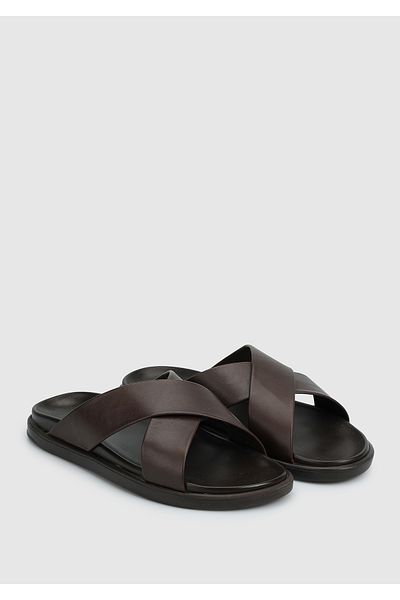 Eclipse Καφέ Δερμάτινες Ανδρικές Παντόφλες Comfort