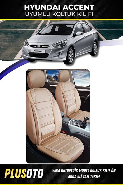 PlusOto مجموعة أغطية مقاعد السيارة المتوافقة مع سلسلة Vera من Hyundai Accent باللون البيج مكونة من 5 قطع M-350