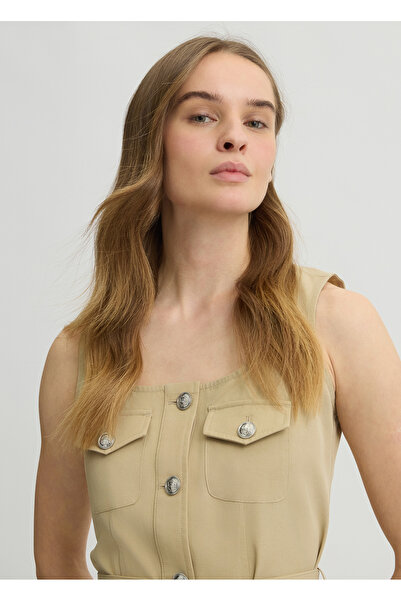 Liu Jo Women's Round Neck Front Button Closure Above Knee Length Waist Belt Beige Dress Wa5264T4277-60920