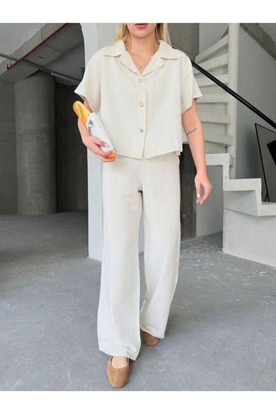 nedo7 Linen Short Sleeve Shirt Pants Double Set - White