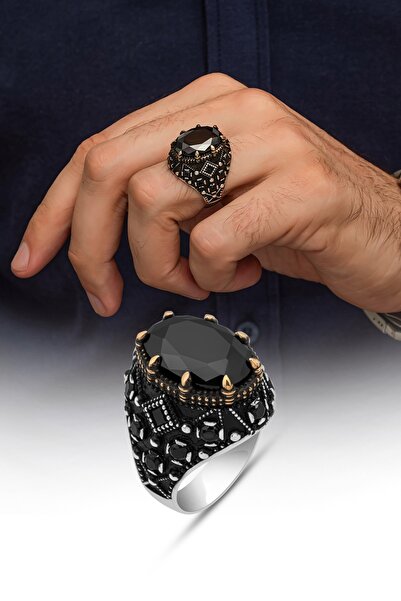 ALYANSEVİM Oval Siyah Taşlı 925 Gümüş Erkek Yüzük