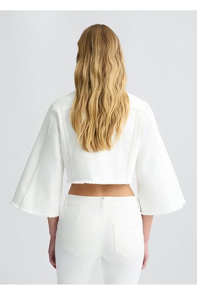 Liu Jo Women Button Closure Crop Oversize Wide Sleeve Pocket Embroidery Detail White Jacket Wa5446D4666-10701