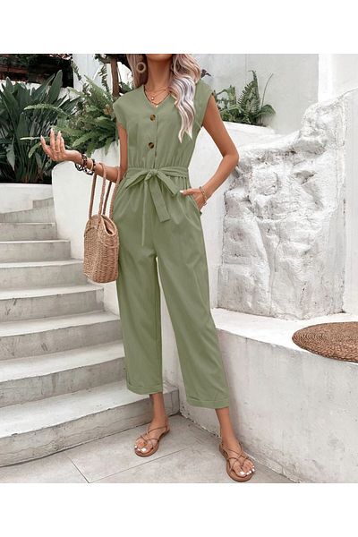 Toridas Linen Women's V-Neck Single-Breasted Sleeveless Jumpsuit