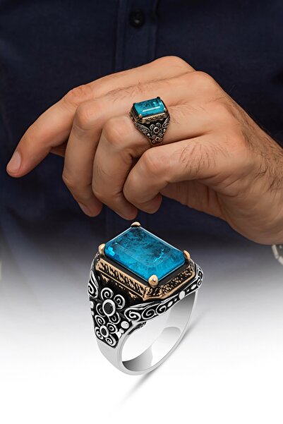 ALYANSEVİM Mavi Paraiba Taşlı Kare 925 Gümüş Erkek Yüzük