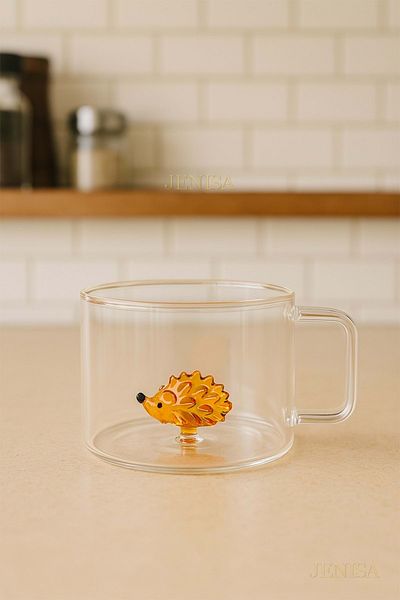 Jenisa 200 ml Borosilicate Glass Mug with Hedgehog Figure – Heat Resistant, Transparent Design