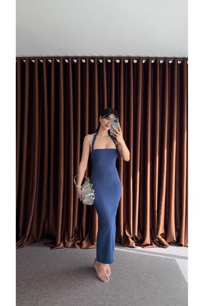 HAZELANNA Boyun Detaylı İndigo Elbise