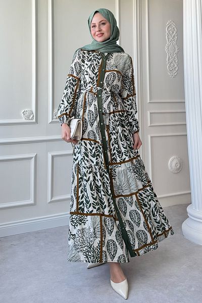 InStyle Belted Leaf Pattern Colorful Patch Green Viscose Dress