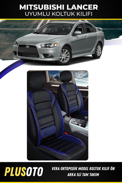 PlusOto مجموعة أغطية مقاعد السيارة المتوافقة مع سلسلة Vera من Mitsubishi Lancer باللون الأسود والأزرق مكونة من 5 قطع M-516