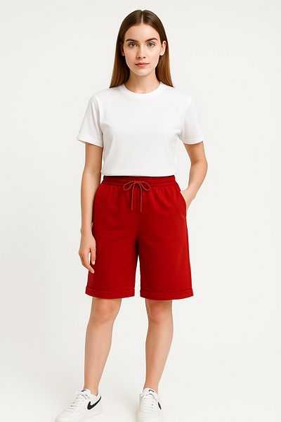 OXVİN Relax Return Combed Cotton Folded Leg Full Lycra Oversize Bermuda Women's Shorts Red