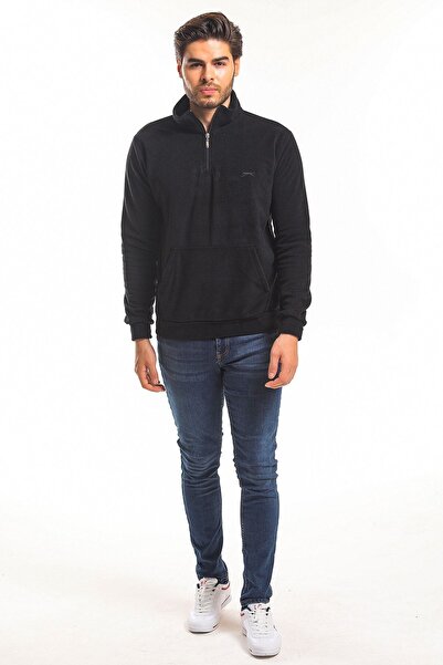 Slazenger Günlük Polar Fermuarlı Rahat Sweatshirt Erkek Spor Siyah