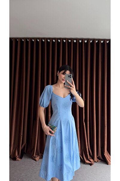 HAZELANNA V Göğüs Detaylı Mavi Elbise