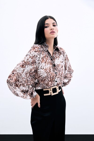 Sateen Leopar Desenli Nakışlı Gömlek - Vizon