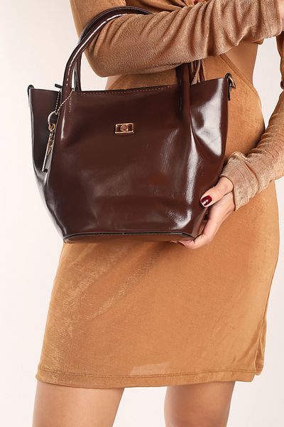 Moda Lime Women's Shiny Patent Leather Tan Medium Size Stylish Bag with Accessory Detail