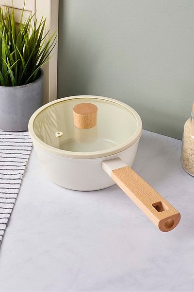 Perotti Cookwood Beige Induction Base Ceramic Pot with Wooden Handle and Lid 18 cm