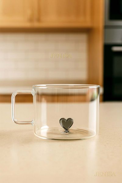 Jenisa 200 ml Borosilicate Glass Mug with Heart Figure – Heat Resistant, Transparent Design