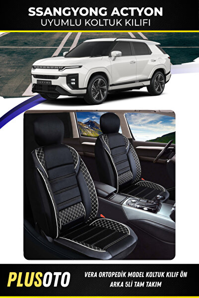 PlusOto سانج يونج أكتيون متوافق مع سلسلة فيرا أسود أبيض غطاء مقعد السيارة مجم...