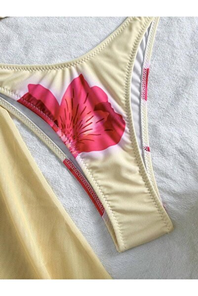BELLA NOTTE Sarı Desenli 3 Parça Plaj Kombini Bikini Takımı Ve Pareo