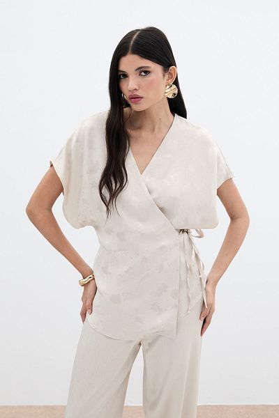 Sateen Tie-Up Jacquard Satin Blouse - Beige